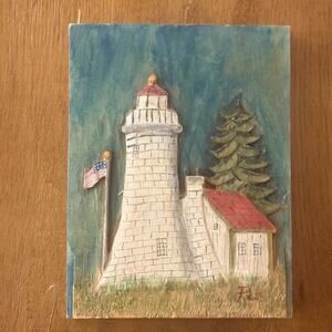 Hand-Carved Lighthouse Relief Wall Art – Signed Folk Art